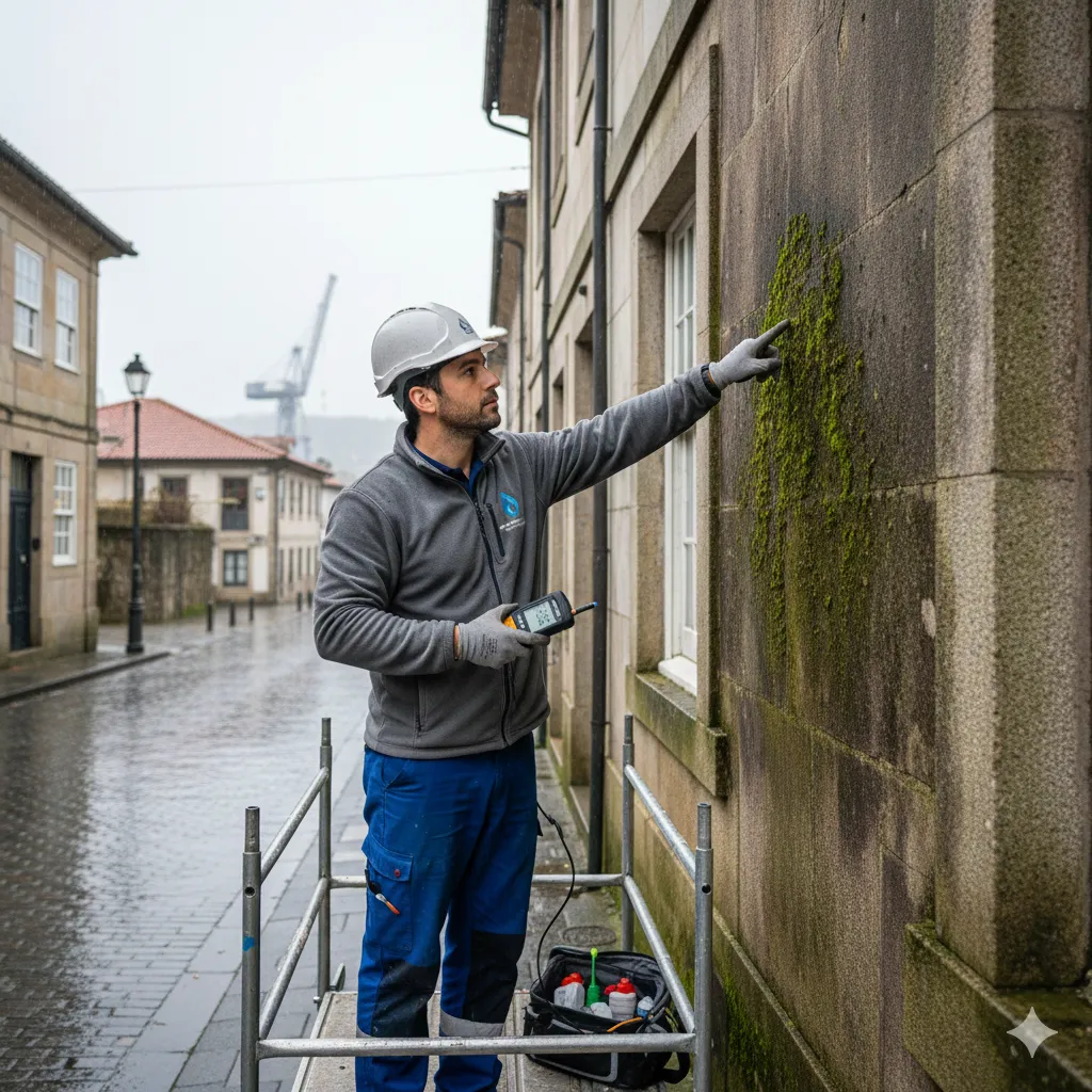 Técnico de HumiX revisando humedades en una vivienda de Ferrol